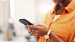Hands, phone and woman in lounge, connection for social media and digital app for communication. Mobile user, home and person with online chatting, typing and message to contact, scroll and texting