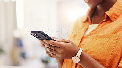 Buy stock photo Hands, phone and woman in lounge, connection for social media and digital app for communication. Mobile user, home and person with online chatting, typing and message to contact, scroll and texting