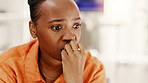 Stress, anxiety and black woman biting nails in home scared for unemployment, failure or mistake. Nervous, mental health and African female person with bad habit for financial worry in apartment.