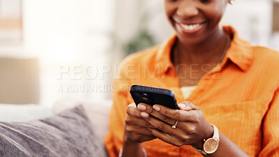 Buy stock photo Hands, phone and woman on sofa, internet for social media and digital app for communication. Mobile user, home and person in living room, smile and message to contact, scroll and online chatting