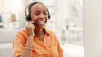 Help desk, computer and black woman in home, headset for communication and consultation. Pc, greeting or African person in living room, smile or feedback for system solution or customer service