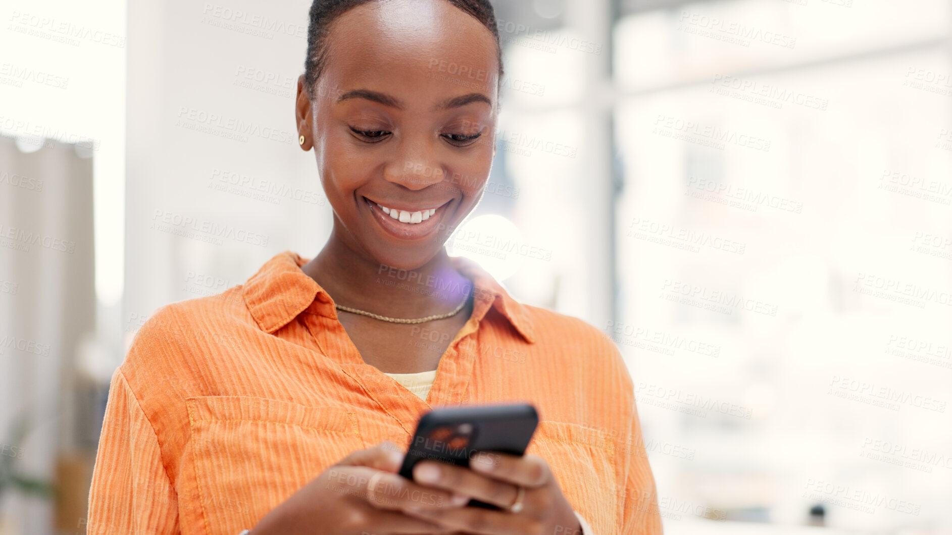 Buy stock photo Happy, phone and black woman in home, internet for social media and digital app for communication. Smile, apartment and person in lounge, connection and message to contact, network and online texting