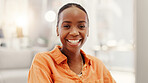 Face, black woman and relax in home with smile, weekend break and positive attitude in living room. Apartment, comfortable and person with wellness, portrait and self care for chilling in lounge