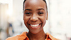 Portrait, black woman and relax in living room with smile, weekend break and positive attitude in home. Apartment, comfortable and person with wellness, morning and self care for chilling in lounge