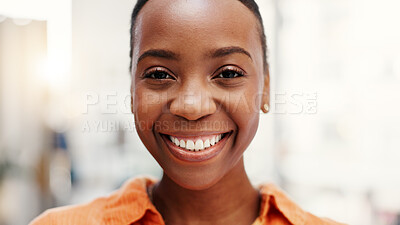 Buy stock photo Portrait, black woman and relax in living room with smile, weekend break and positive attitude in home. Apartment, comfortable and person with wellness, morning and self care for chilling in lounge