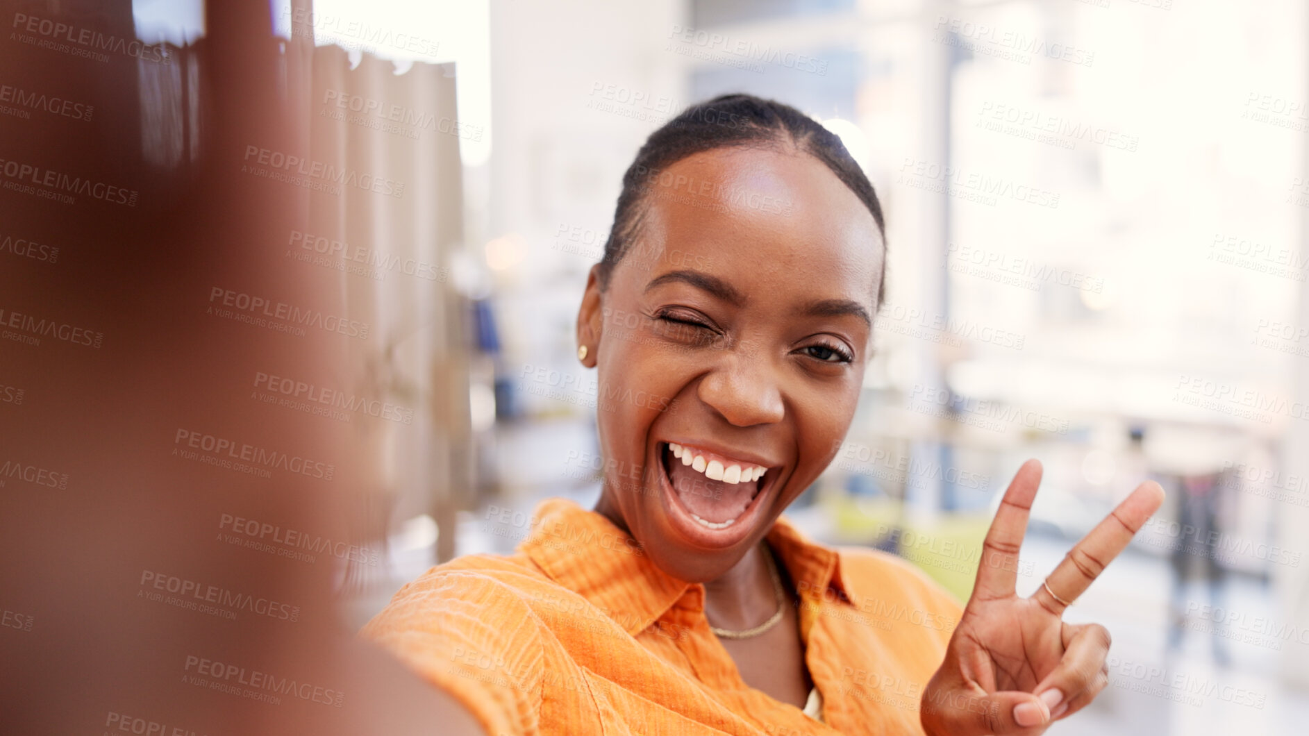Buy stock photo Happy woman, portrait and wink for selfie in home, online and peace sign for picture on social media. Influencer, photography and black person with smile for image, laugh and goofy memory on website