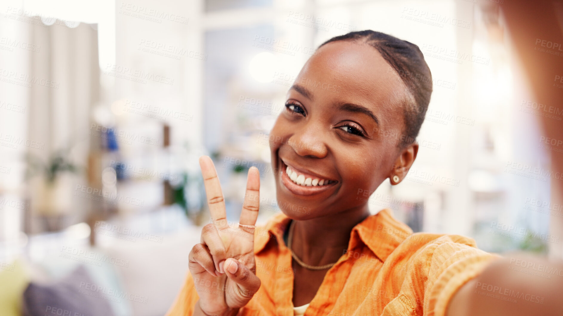 Buy stock photo Happy woman, portrait and peace sign for selfie in lounge, vlog and profile picture for social media. Influencer, photography and black person with smile for image, online and memory on web in home
