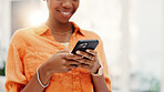 Hands, phone and woman in home, typing for social media and digital app for communication. Mobile user, subscription and person in living room, connection and message to contact and online chatting