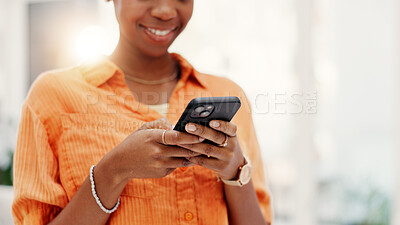 Buy stock photo Hands, phone and woman in home, typing for social media and digital app for communication. Mobile user, subscription and person in living room, connection and message to contact and online chatting