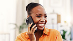 Phone call, break and happy woman in house, listening and communication with contact in living room. Black person, gossip and discussion with mobile on weekend, news and chatting with smile in home