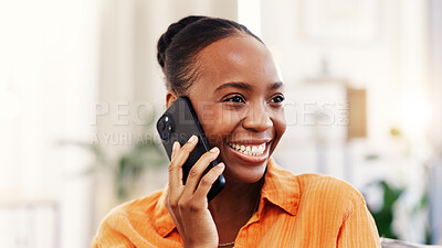 Buy stock photo Phone call, break and happy woman in house, listening and communication with contact in living room. Black person, gossip and discussion with mobile on weekend, news and chatting with smile in home