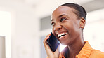Laughing, black woman and phone call in house, listen and communication with contact in living room. Happy person, gossip and discussion with mobile on weekend, humor and chatting with tech in home