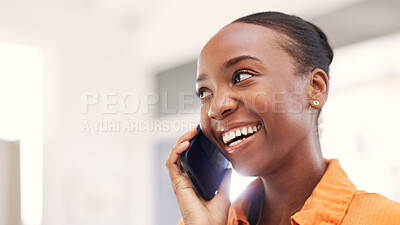 Buy stock photo Laughing, black woman and phone call in house, listen and communication with contact in living room. Happy person, gossip and discussion with mobile on weekend, humor and chatting with tech in home