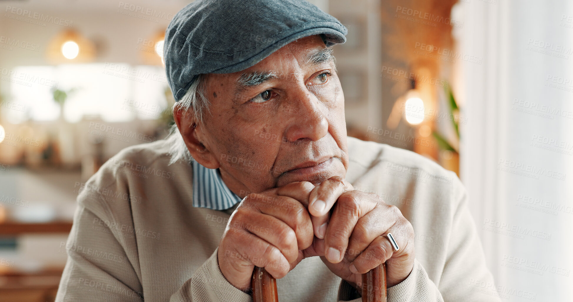 Buy stock photo Sad, thinking and old man in home with walking stick, Alzheimer disease and memory loss for retirement. Cane, reflection and senior person with disability, worry and loneliness from dementia illness.