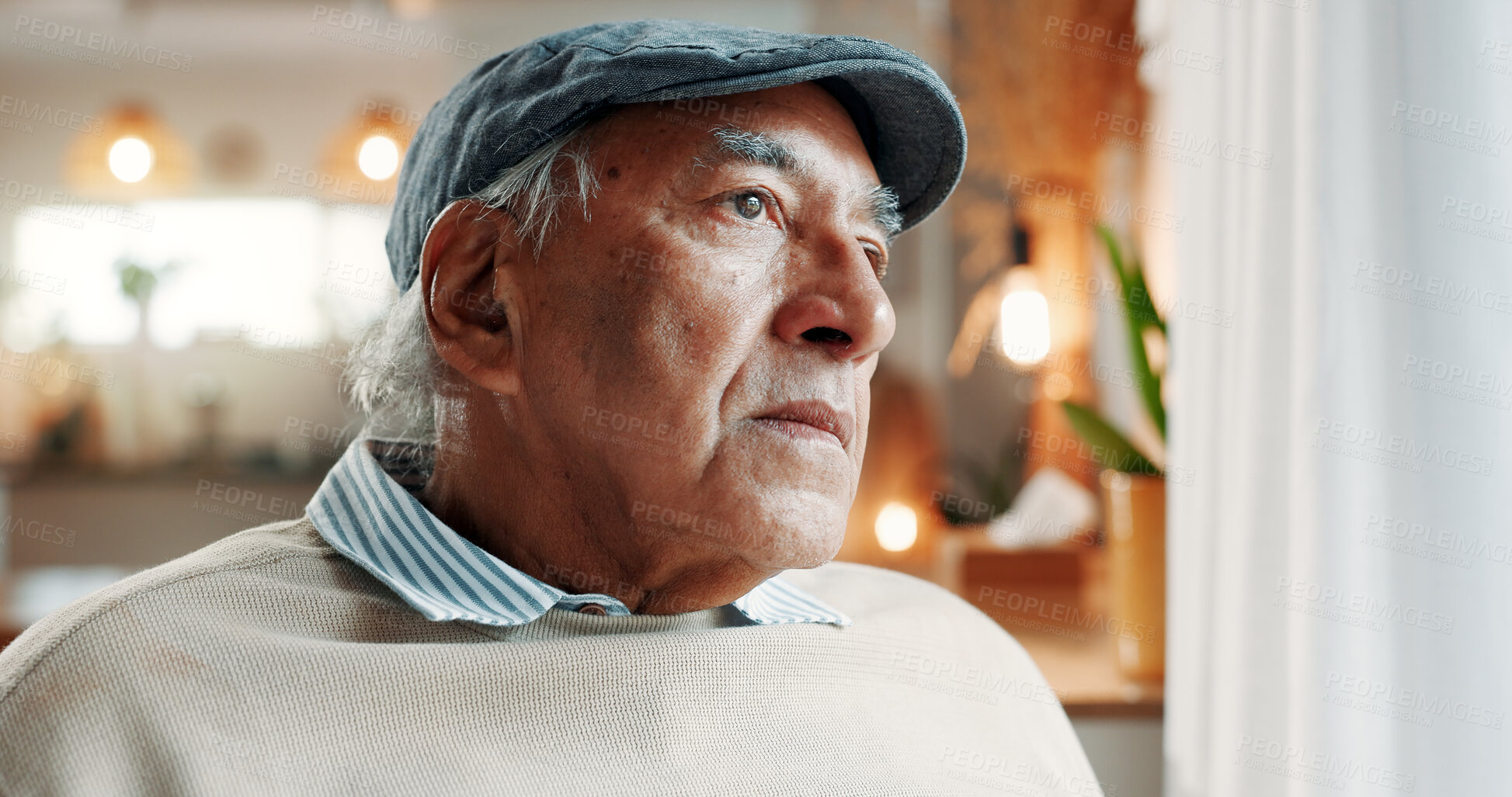 Buy stock photo Thinking, sad or old man in house with worry, loss or memory of past mistake in living room. Mental health, reflection and senior person in home with guilt, nostalgia or regret in retirement.