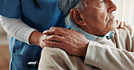 Caregiver, holding hands or old man in wheelchair at nursing home, support or trust for rehabilitation. Assisted living, nurse or senior person with disability for medical care,  comfort or kindness