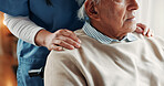 Caregiver, hands and senior person with wheelchair in nursing home, support and trust for rehabilitation. Comfort, nurse or old man with disability in assisted living center, medical care or wellness