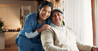 Buy stock photo Senior man, wheelchair and portrait of woman in nursing home for health care, kindness and trust. Elderly patient, wellness and nurse to help person with a disability for hospice, smile or retirement