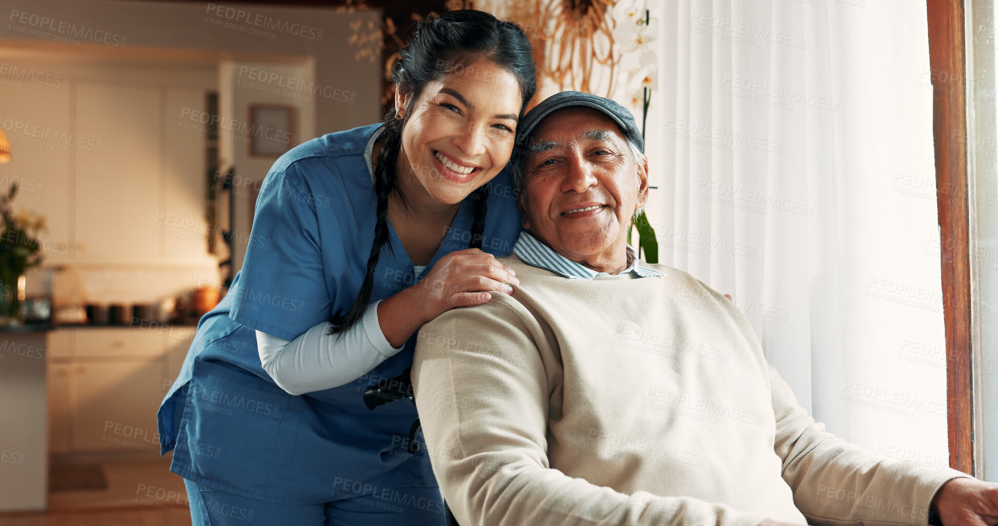 Buy stock photo Senior man, wheelchair and portrait of woman in nursing home for health care, kindness and trust. Elderly patient, wellness and nurse to help person with a disability for hospice, smile or retirement