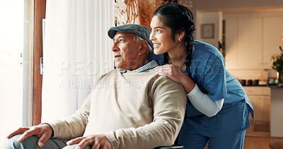 Buy stock photo Woman, wheelchair and senior man by window in nursing home for health care, kindness and thinking. Elderly patient, wellness and nurse to help person with disability for hospice, smile or retirement