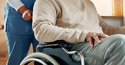 Buy stock photo Woman, man and hands on wheelchair in nursing home for health care, push and assistance. Elderly patient, wellness and nurse to help person with a disability for hospice, rehabilitation or retirement