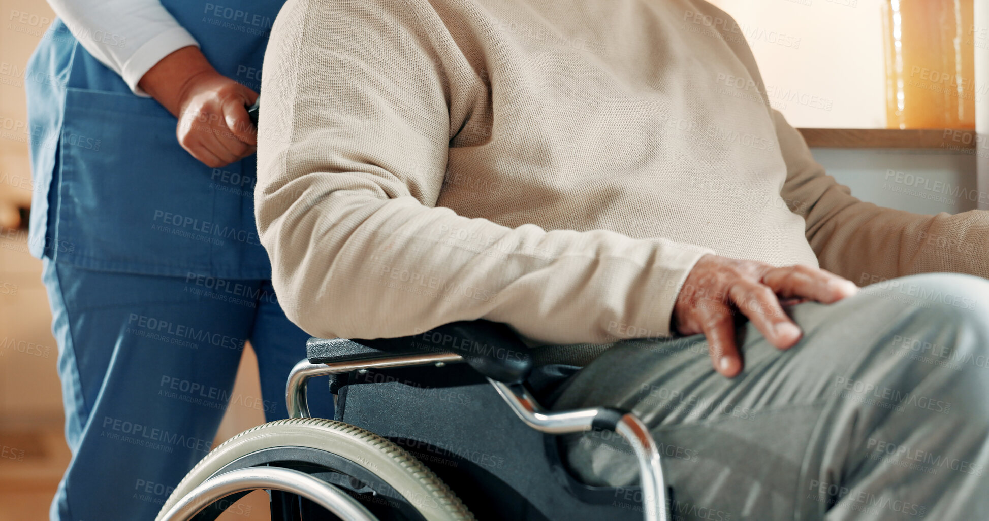 Buy stock photo Woman, man and hands on wheelchair in nursing home for health care, push and assistance. Elderly patient, wellness and nurse to help person with a disability for hospice, rehabilitation or retirement