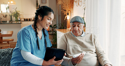 Buy stock photo Medication, nurse and tablet with old man in assisted living for instructions or medical advice. App, explain and pill container with healthcare woman speaking to senior patient in retirement home