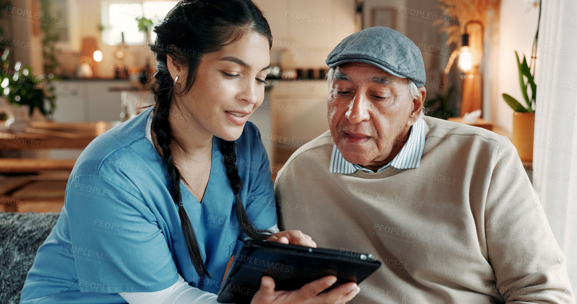 Buy stock photo Medical, nurse and tablet with old man in assisted living for advice, consulting or feedback. App, explain and healthcare review with woman caregiver speaking to senior patient in retirement home