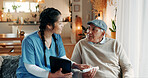 Medication, nurse and tablet with senior man in assisted living for instructions or medical advice. App, explain and pill box with healthcare woman speaking to elderly patient in retirement home