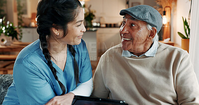Buy stock photo Excited, nurse and tablet with old man in assisted living for medical advice or positive feedback. App, good news and smile with healthcare woman speaking to happy senior patient in retirement home