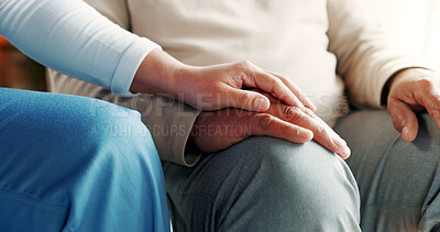 Buy stock photo Caregiver, holding hands or senior person with support in nursing home, empathy or comfort for diagnosis. Trust, healthcare nurse or old man with compassion for medical condition, console or kindness