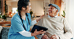Laughing, nurse and tablet with old man in assisted living for feedback, help or medical advice. App, funny and review with healthcare woman speaking to excited senior patient in retirement home