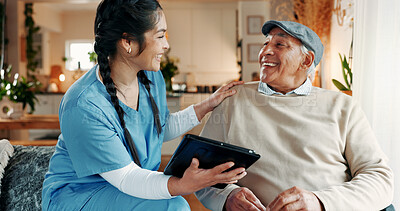 Buy stock photo Laughing, nurse and tablet with old man in assisted living for feedback, help or medical advice. App, funny and review with healthcare woman speaking to excited senior patient in retirement home