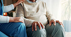 Caregiver, hands or senior person with support in nursing home, empathy or comfort for medical diagnosis. Trust, assisted living nurse or old man with compassion for illness, console or kindness