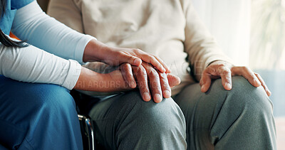 Buy stock photo Nurse, holding hands or old man in wheelchair at nursing home, support or trust for rehabilitation. Assisted living, caregiver or senior person with disability for medical care, comfort or kindness