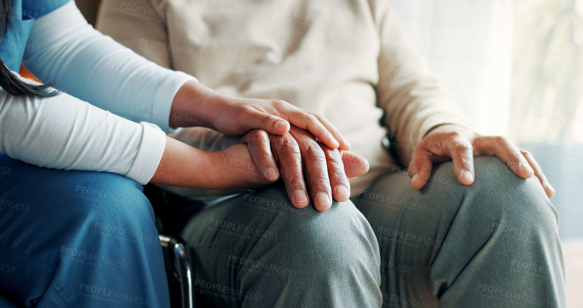 Buy stock photo Nurse, holding hands or old man in wheelchair at nursing home, support or trust for rehabilitation. Assisted living, caregiver or senior person with disability for medical care, comfort or kindness