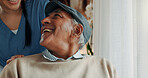 Caregiver, support and old man in nursing home with laugh, funny story or bonding together for wellness. Space, nurse and senior person smile in retirement center with joke, humor and assistance.