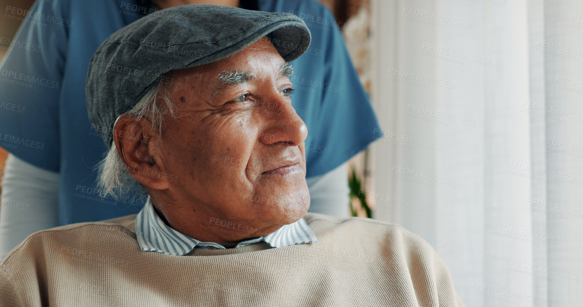 Buy stock photo Memories, nostalgia and thinking with old man in assisted living for elderly care or wellness. Ideas, reflection and senior patient in retirement home with nurse for healthcare or medical insurance