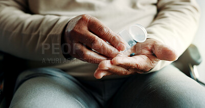 Buy stock photo Senior, patient and hands with pills for medication, arthritis or antibiotics on wheelchair in home. Closeup, elderly or person with a disability taking tablets in container for medical prescription