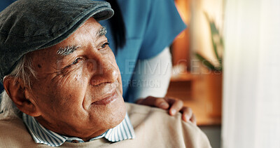 Buy stock photo Memory, reflection and thinking with old man in nursing home, elderly care or wellness. Ideas, nostalgia and senior patient in retirement with nurse for health, assisted living or medical insurance