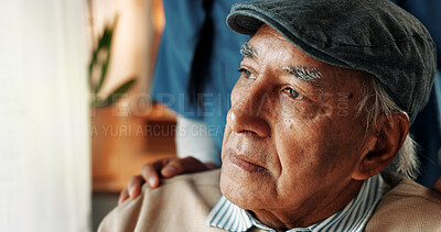 Buy stock photo Nostalgia, sad and thinking with old man in assisted living for elderly care and wellness. Caregiver, regret and senior person with depression in retirement home for healthcare and medical insurance