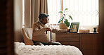 Grief, frame or old man in bedroom with walking stick, mourning or memory of past marriage. Mental health, reflection or senior in home person with disability, nostalgia or partner loss in retirement