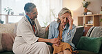Sad, woman and holding hands in home with friends, support and compassion for healing from grief. Mature, people and upset person on couch with trust, understanding or help to process trauma together