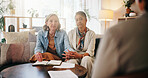 Lesbian couple, financial advisor and documents for agreement, deal and retirement home planning. Senior women, LGBTQ people and meeting for pension fund, loan agent and notebook for budget paperwork