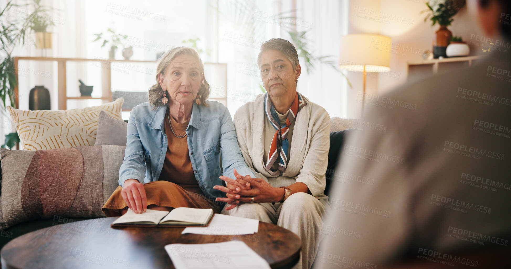 Buy stock photo Lesbian couple, financial advisor and documents for agreement, deal and home mortgage planning. Mature women, LGBTQ people and meeting for lawyer, loan agent and notebook for budget paperwork