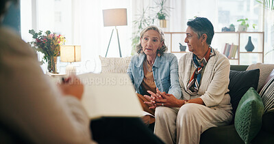 Buy stock photo Marriage consultation, therapy and lesbian couple in office with therapist for growth, trust or communication. Psychology, support and mature LGBTQ people with counselor for advice or guidance