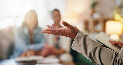 Buy stock photo Mental health, couple or hands in office with checkup, help or evaluation in marriage counseling. People, patients or psychologist with consultation, assessment or aid in relationship therapy.