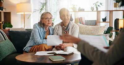 Buy stock photo Lesbian couple, financial advisor and paperwork for agreement, deal and home mortgage planning. Mature women, LGBTQ people and meeting for negotiation, loan agent and notebook for budget documents