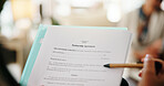 Person, hands or documents with partnership agreement for business contract or legal policy in home. Form, application or people with paperwork or information for teamwork, roles and responsibilities
