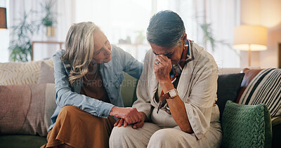 Buy stock photo Woman, crying and holding hands in home with friends, support or compassion for healing from grief. Mature, people and empathy in living room with sadness, understanding or comfort to process trauma.